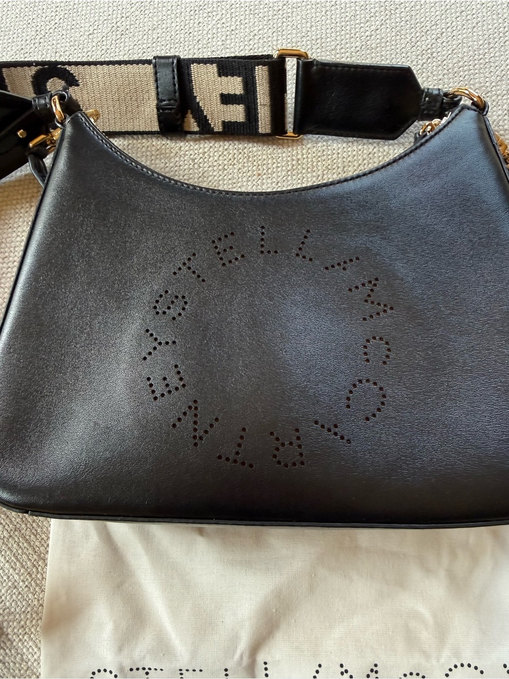 Stella McCartney Black Perforated Logo Shoulder Bag with Logo Strap - Picture 2 of 4